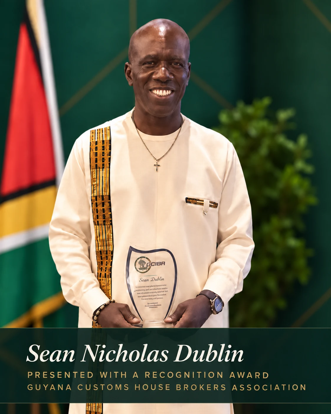 Sean Dublin receiving industry recognition for his contribution to customs brokerage in Guyana